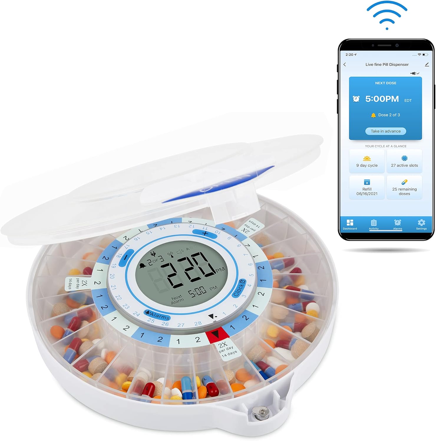 LiveFine Smart WiFi Automatic Pill Dispenser | 28-Day Medication Organizer Up to 9 Doses Per Day for Care Monitoring with Locking Key, Adjustable Light/Sound Alarms for Prescriptions & Vitamins